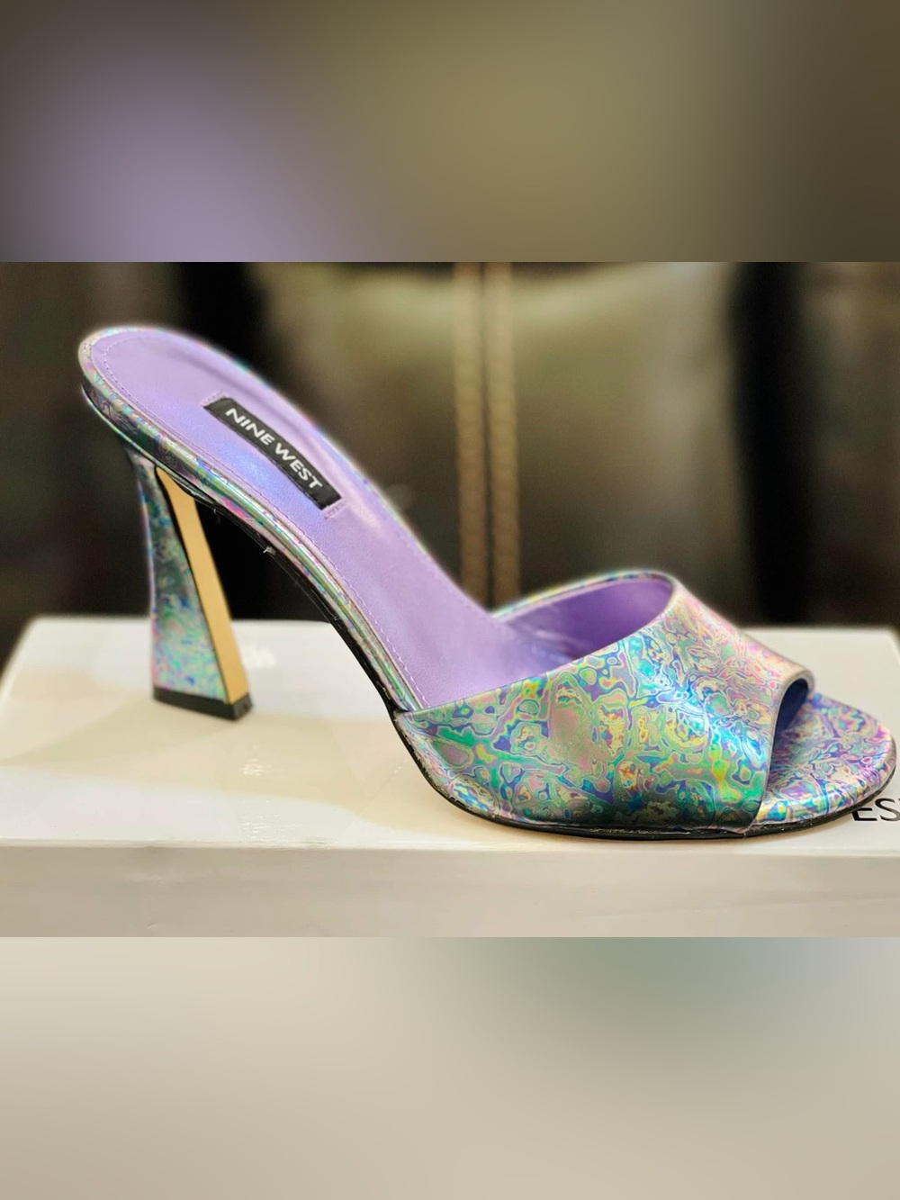 Nine West Iridescent Multicolor Open-Toe Mule Heels with Lavender Lining